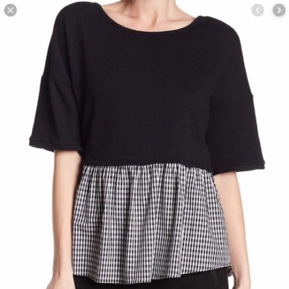 DR2 Gingham Twofer Plaid Tie Back French Terry Top - Picture 1 of 4